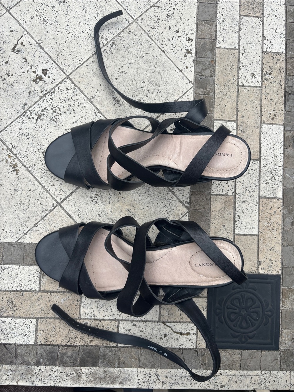 Lands' End Black Leather Wrap-Ankle Strappy Sandals